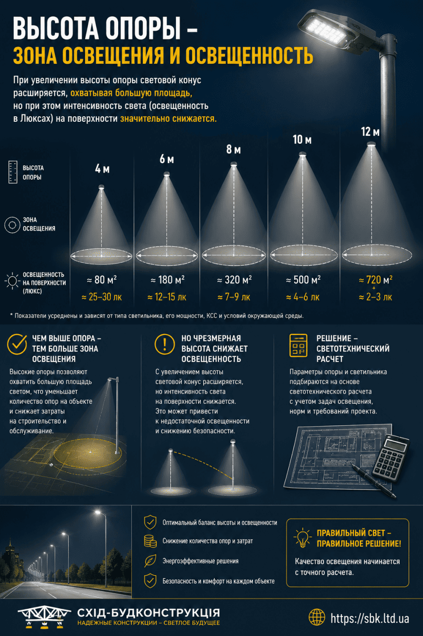 Высота опоры освещения и зона освещенности